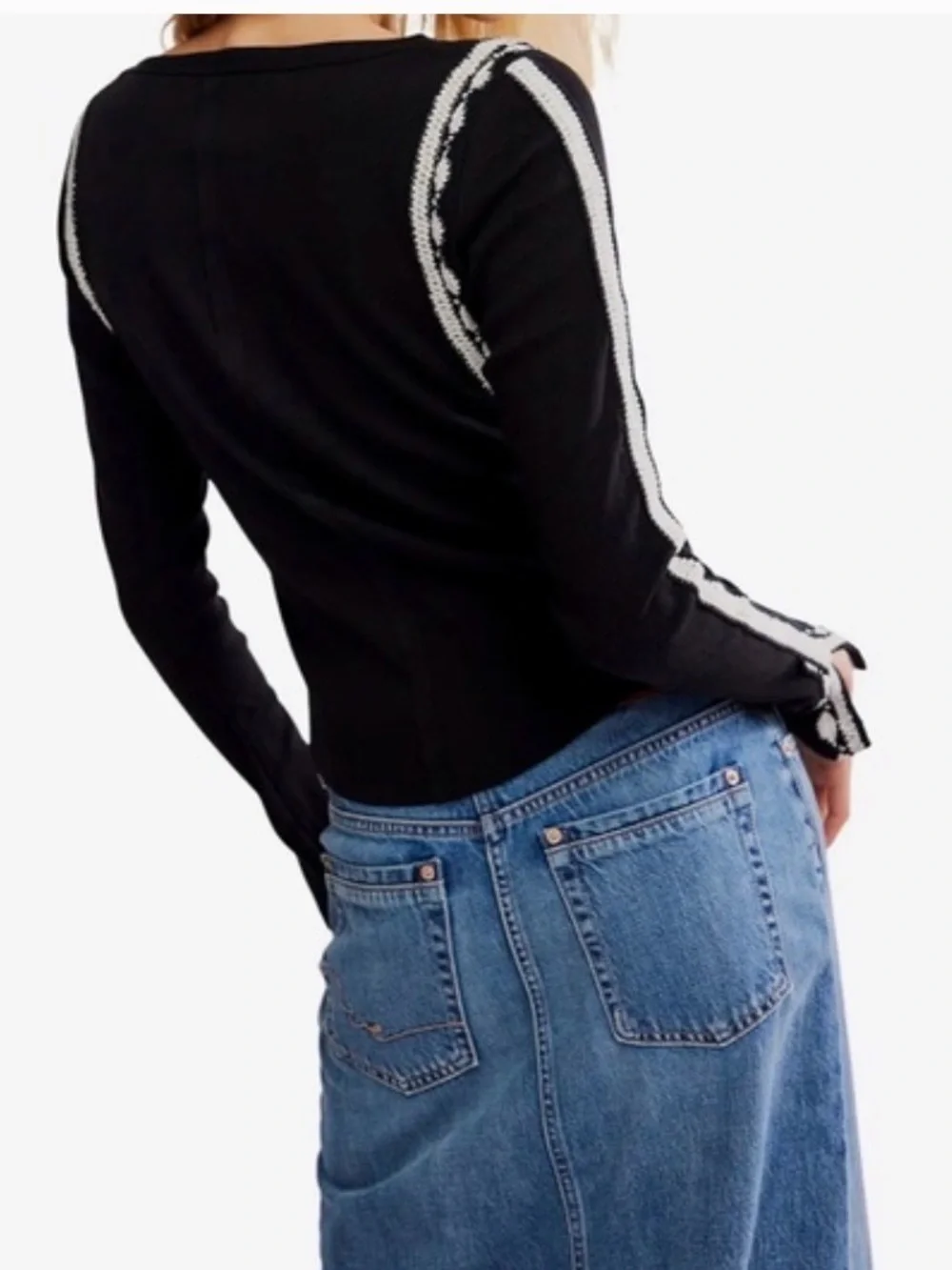NWT Free People Lost Love Black Long-Sleeve Crewneck Top with White Trim